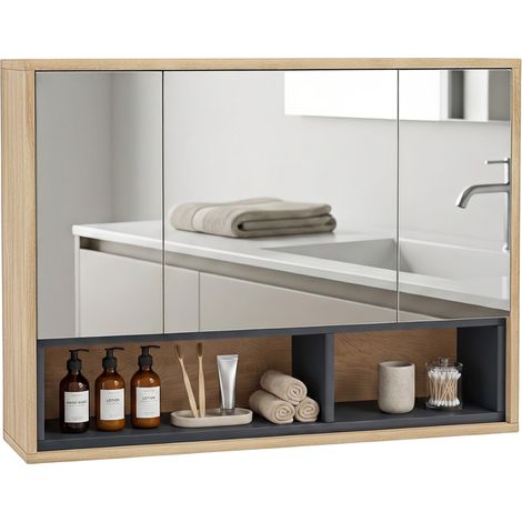 Meuble salle de bain avec miroir, armoire toilettes murale avec placards à 3 portes et 8 compartiments, chêne (1/5)