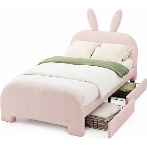 Letto bambini 90x200 cm con 2 cassetti, testiera a forma di coniglio, rivestimento rosa morbido, struttura MDF, per camera da letto - CHICFURN (1/5)