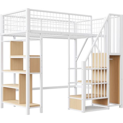 Multifunktionales Hochbett, Metallbett mit Stauraum, Ablageflächen und Treppe, Erwachsenenbett und Kinderbett. (1/5)