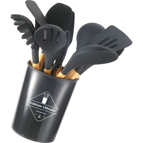 Ensemble de batterie de cuisine en silicone avec manches en bois, antiadhésive, avec récipient et boîte de rangement, gris foncé. (1/4)