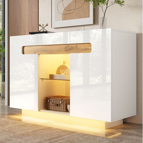 Buffet de salon LED 120x40x80 cm, 4 rangements et compartiment ouvert, étagères en verre réglables, blanc et bois naturel (1/5)
