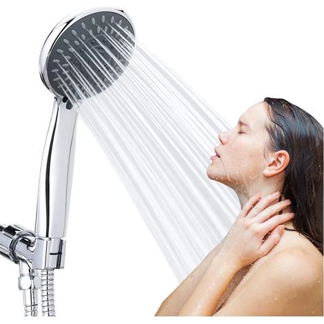 Ensemble de douchette chromée à 5 fonctions, comprenant une pomme de douche, un flexible de 1,5 m et un support pour installation encastrée. (1/5)