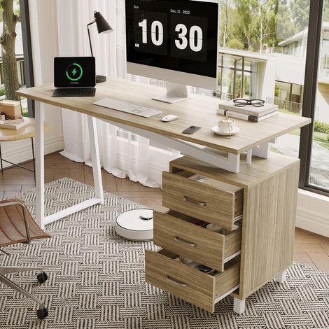 Escritorio moderno para oficina en casa, con 3 cajones y amplio tablero, estructura de metal y MDF, color natural y blanco (1/5)