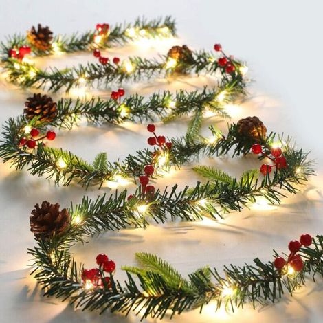 Guirlande lumineuse de Noël avec clochette de baies rouges et pomme de pin, décoration intérieure et extérieure à LED pour sapin de Noël, mariage, chambre, mur de jardin, décoration (2,7 m) (1/5)