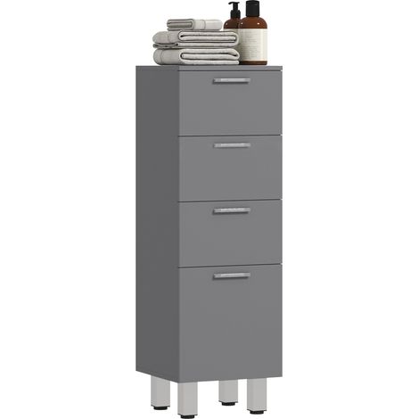 Mobile da bagno a 4 cassetti in pannello truciolare, superficie liscia, colore grigio. Pratico dal design minimal per il ripostiglio