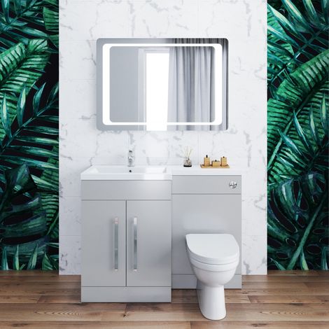 ELEGANT 1100mm Bathroom Vanity Sink Unit Furniture Storage,Right Hand Matte Grey Vanity unit + Basin + Ceramic D shaped Toilet with Concealed Cistern (1/5)