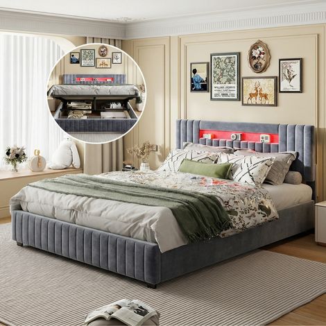 Letto contenitore 140x200 cm con illuminazione LED intelligente e rete idraulica - Giroletto matrimoniale imbottito - Velluto - Grigio
