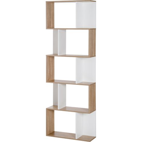 HOMCOM 5-stufiges Regal, S-förmiges Bücherregal, Aufbewahrungseinheit aus weißer Eiche, 60 x 24 x 184,5 cm, für Wohnzimmer, Schlafzimmer, Büro