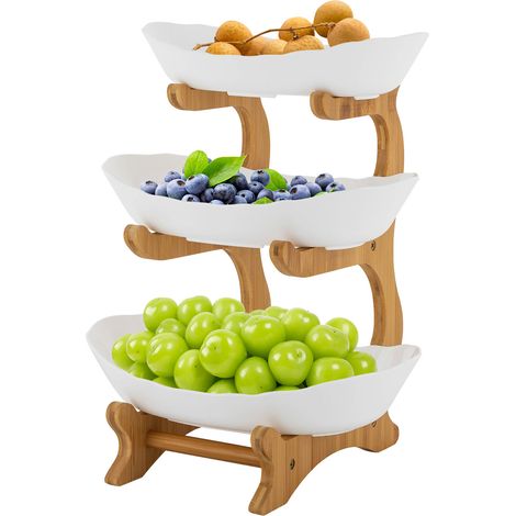 YISSALE-Trois tablettes de fruits en plastique blanc, grande assiette à trois niveaux avec support pour desserts et pâtisseries ainsi qu'une coupelle pour fruits. (1/5)