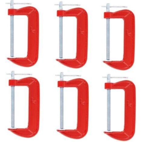 Set of 6 lightweight red G-clamps with a jaw opening of 10cm, suitable for carpentry, welding and automotive repair. (1/4)