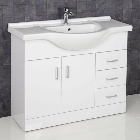 Gloss White Bathroom Vanity Unit and Basin Sink 1050mm with Essentials Tap & Waste