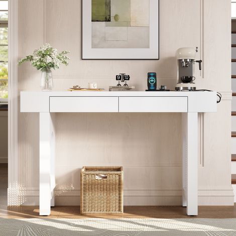Console blanche 120x35,5x76,5 cm avec tiroirs, multiprises, motif quadrillé et pieds réglables pour entrée (1/5)