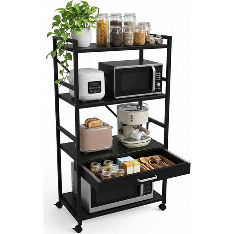 Mikroregal – 4-stufiges Küchenregal – Küchenwagen – FLASIDU – 1 Schublade – drehbare Räder – Metallrahmen – Doppelwanddesign – 60 x 38 x 115 cm – Schwarz (1/5)