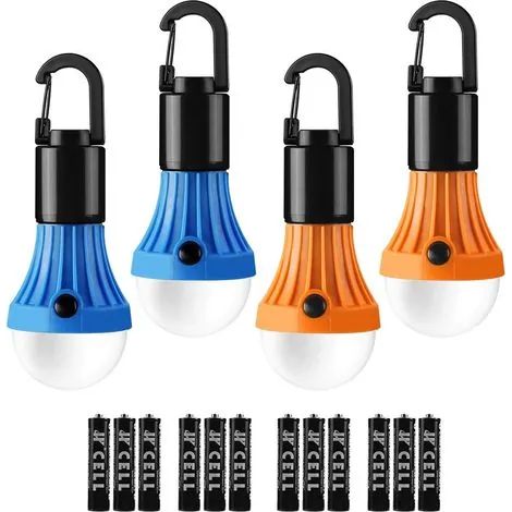 Lanterne de camping, lampe de camping à piles (piles incluses), 3 modes d'éclairage, 80-140 lm, ampoule LED portable avec crochet pour tente, camping, randonnée, pêche, bricolage - Lot de 4 (1/3)