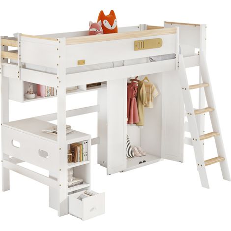 Lit superposé enfant 90x200 cm avec bureau, armoire, étagères ouvertes et échelle 4 marches, blanc et bois naturel, gain de place pour chambre d'enfant - CHICFURN (1/5)