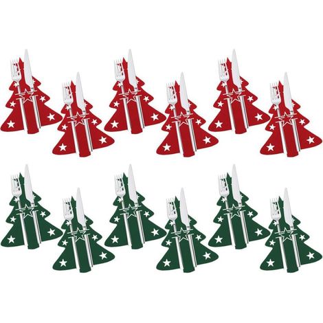 Lot de 12 Porte-Couverts de Noël en Feutre Rouge et Vert, Décoration de Table et Couronne de Serviettes (1/5)