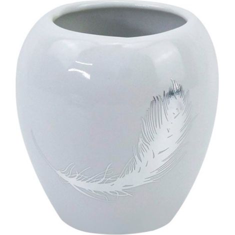 Bicchiere porta spazzolini in ceramica bianca decorato con piuma argento portaspazzolino moderno accessori bagno