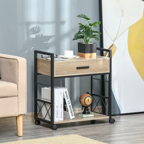 Table d'appoint, desserte à roulettes, chariot de cuisine, table basse avec tiroir, rangement, buffet, mobile, panneaux de particules, finition naturelle, 60 x 30 x 65 cm (1/5)