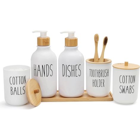Ensemble salle de bain 6 pièces plastique bambou, finition mate, blanc, plateau coiffeuse, distributeur savon, support brosse dent, Qtip, support boule dent (1/5)