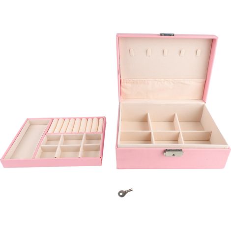 Coffret de Rangement Bijoux 2 Étagères Amovible Séparateur Pochettes en PU Gris Rose pour Colliers et Bagues (1/5)
