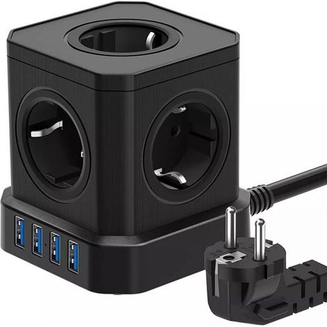 Torre de alimentación, enchufe múltiple compacto, 4 tomas de corriente europeas, 3 puertos USB, protección contra sobretensiones, hogar, oficina, viajes (1/5)
