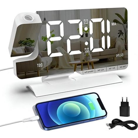 Digitales Projektionsradio mit Wecker，USB-C-Anschluss，dimmbarer Beleuchtung und 11-farbigem LED-Display für Schlafzimmer und Wanddekoration (1/5)