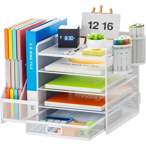 Organisateur de Bureau avec Porte-Documents,5-Niveaux Porte-Lettres Rangement Maille,pour Fournitures de Bureau Domicile(Blanc avec Tiroir Porte-Stylos) (1/5)