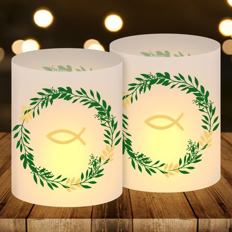 Lot de 12 photophores décoratifs de table pour communion, en forme de poisson, convient pour bougies chauffe-plat ou bougies, blanc, PVC, 27 x 8 x 10 cm, cérémonies religieuses, communion (1/5)