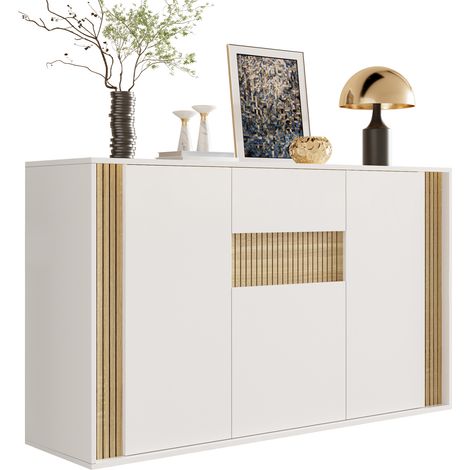 Sideboard mit 3 Türen, 1 Schublade und Einstellbarer LED-Beleuchtung, Weiß Natur, aus Spanplatte, 140x40x82 cm (1/5)