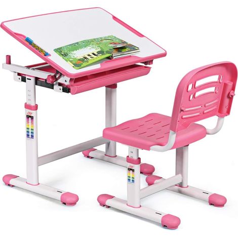 COSTWAY Scrivania per Bambini Tavolo per Studenti con Sedia Inclinabile Regolabile in Altezza, Ergonomica, Vari Colori Disponibili, Rosa (1/5)