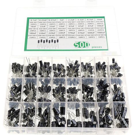 Kit d'assortiment de condensateurs électrolytiques radiaux 16-50 V, 24 valeurs (0,1 µF à 1000 µF), 500 pièces