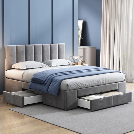 Lit capitonné classique 140x200 cm en velours gris avec tête de lit réglable, sommier à lattes et 4 tiroirs (1/5)