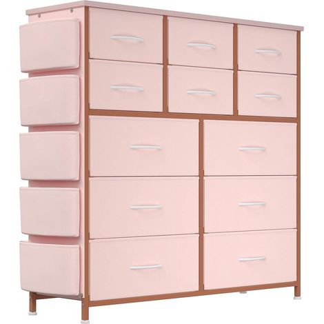 Commode 12 tiroirs rose 99x30x110cm métal MDF panneau particules tissu cationique (1/5)