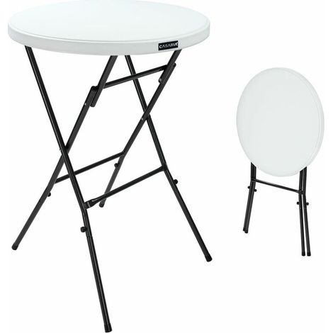 Table haute de bar pliante Ø 72 cm – Hauteur 110 cm – Plateau plastique blanc – Structure métal thermolaqué – Résistante aux intempéries (1/5)