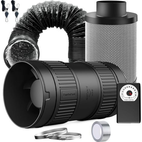 100mm Kit de Ventilation Ventilateur Tubulaire 221 m³/h avec régulateur de Vitesse, Filtre à Charbon Actif, Tuyau d'évacuation d'air - Système de Ventilation pour Tente de Culture (1/5)
