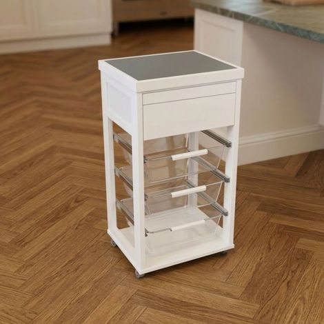 Carrello Dolly in faggio massello colore bianco con cesti estraibili in acrilico trasparente (1/4)