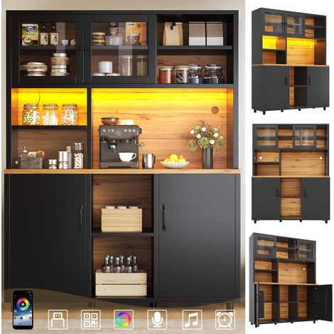 Meuble haut 140 x 40 x 185 cm, Buffet de cuisine pour salon, cuisine et salle à manger, style rétro avec éclairage LED, porte avec étagère à snacks (1/5)