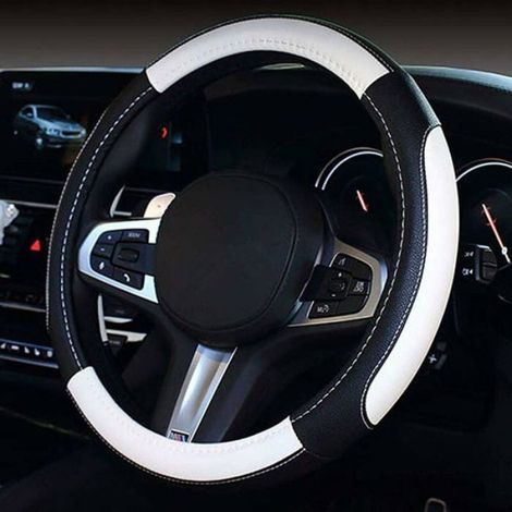 Couvre Volant Voiture en Cuir,Universelle Housse Volant Voiture 38cm,Cache Protege Volant Voiture Sport Courbes(Noir-Blanc) Odipie (1/3)