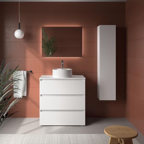 Meuble de salle de bain BEQUIA 3C 80cm Blanc mat Vasque à poser Porcelaine Centrale (1/5)