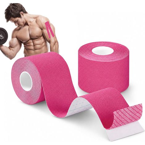Bande de kinésiologie prédécoupée - 5 m x 5 cm - Pour le sport et le soutien musculaire - Bande de kinésiologie élastique - Étanche - Pour genoux, épaules, dos et articulations (rose × 2) (1/5)