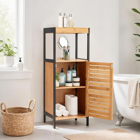 YODOLLA Bamboo Bathroom Cabinet, Freestanding Storage Unit with Door Organizer 3-Tier for Bathroom, Kitchen, Natural (1/4)