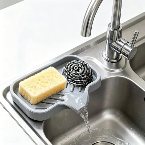 1 petit porte-sous-verre en silicone gris – Tapis de savon imperméable et égouttoir – 12,5 x 10 x 1,7 cm (1/5)