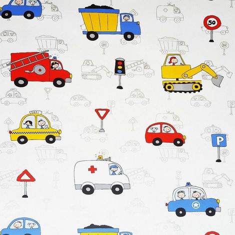 Kids City Traffic White Metallic Wallpaper Trucks Cars Fire Engine Police Rasch (1/4)