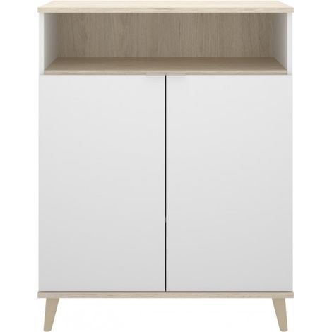 Abitare – Meuble de cuisine 80x40x102 cm blanc mat et chêne naturel – Deux portes avec étagère ouverte – Structure en panneaux de particules laminés (1/5)