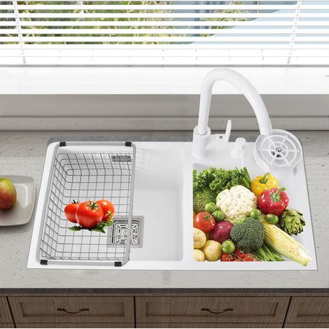 Évier de cuisine blanc à deux cuves, 71 × 38 cm, à encastrer dans le plan de travail, en acier inoxydable, avec robinets d'eau chaude et d'eau froide, panier de filtration et distributeur de savon (1/5)