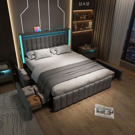 Lit coffre 160x200 cm, LED, USB + Type-C, 4 tiroirs, sommier à lattes en bois, tête de lit avec rangements, lin gris, sans matelas (1/5)