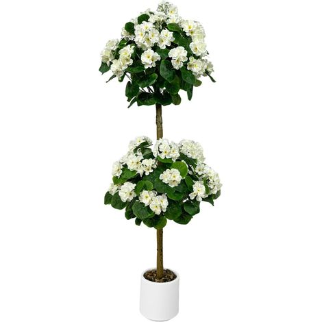Arbre Géranium Artificiel 120 cm – Fleurs Blanches en Soie Résistantes aux UV – Double Boule en Pot – Idéal Décoration Maison, Jardin, Mariage, Bureau – Facile d’Entretien – Blanc (1/5)