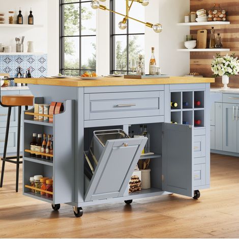 Mueble de cocina móvil con ruedas 143 x 75 x 91 cm, encimera abatible, azul DESVIAE (1/5)