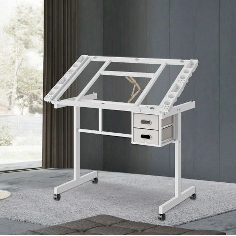 Table de dessin réglable, plateau inclinable 0-70°, 2 tiroirs, 4 roues, MDF et métal blanc pour atelier (1/5)