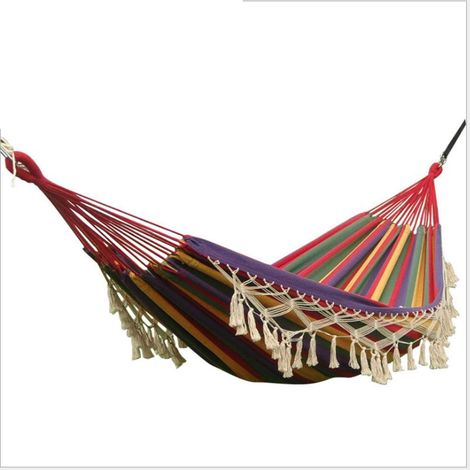 Hamac double extérieur intérieur à pompons portable en toile colorée en dentelle pour jardin, voyage, camping, plage (couleur : rouge) (1/5)